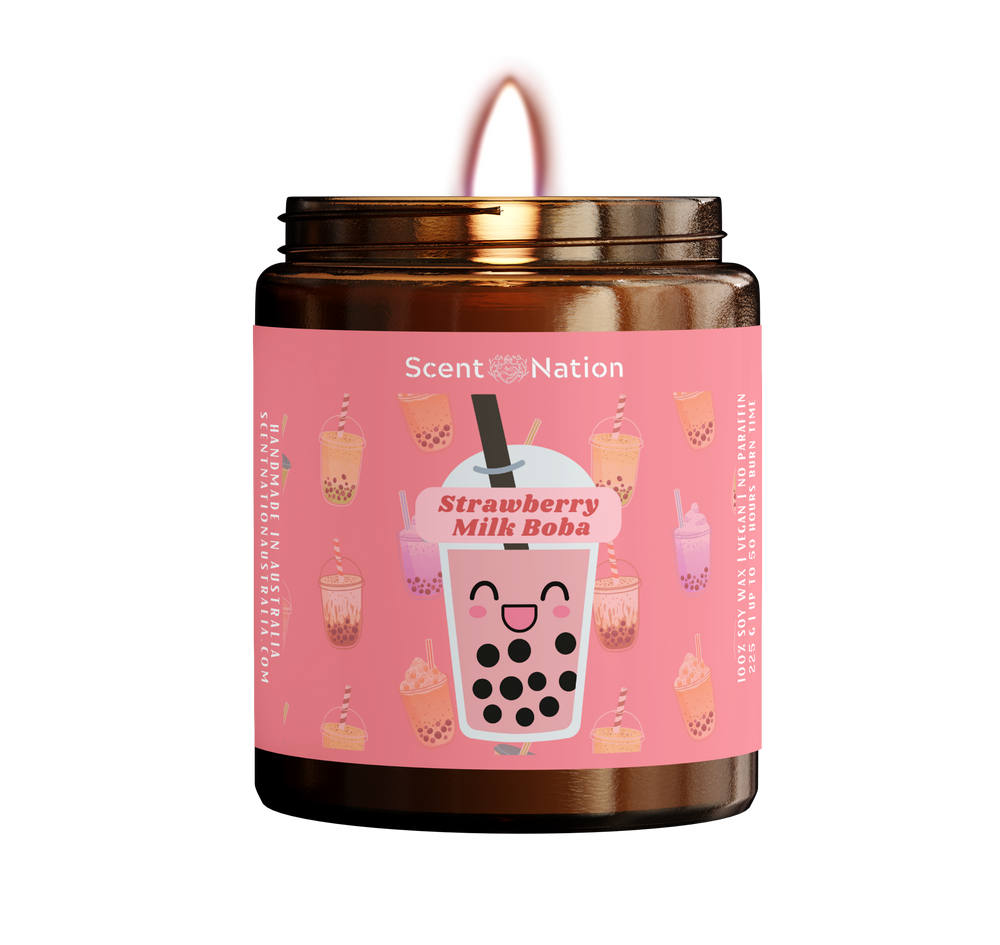 Sweet strawberry milk boba soy candle, perfect for adding a fun and fruity fragrance to your space."