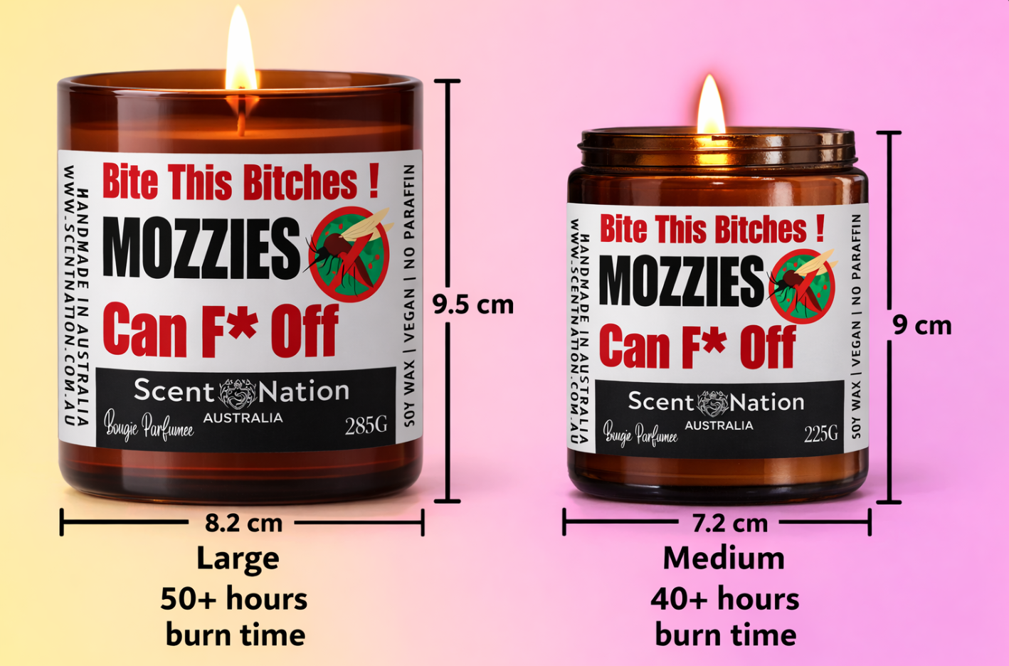 Two  Mosquito repellent candles by Scent of Nation with size and burn time information on a gradient background.