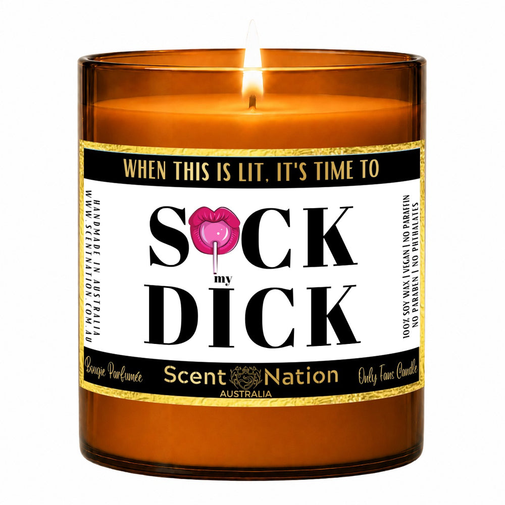 Naughty gift – adults-only joke candle: lit Large 285 g amber soy candle with a When This Is Lit label and gold trim, Scent Nation Australia