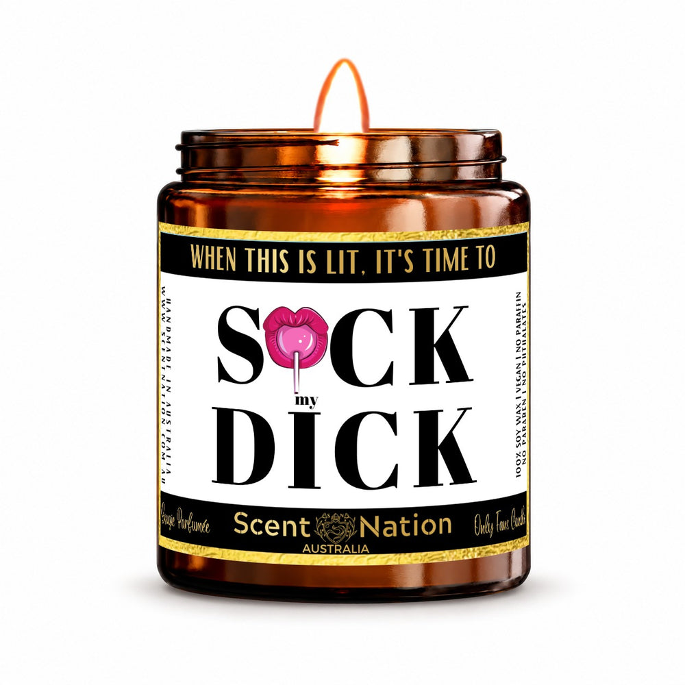 Naughty gift – adults-only joke candle: lit Medium 225 g amber soy candle with a When This Is Lit label and gold trim, Scent Nation Australia
