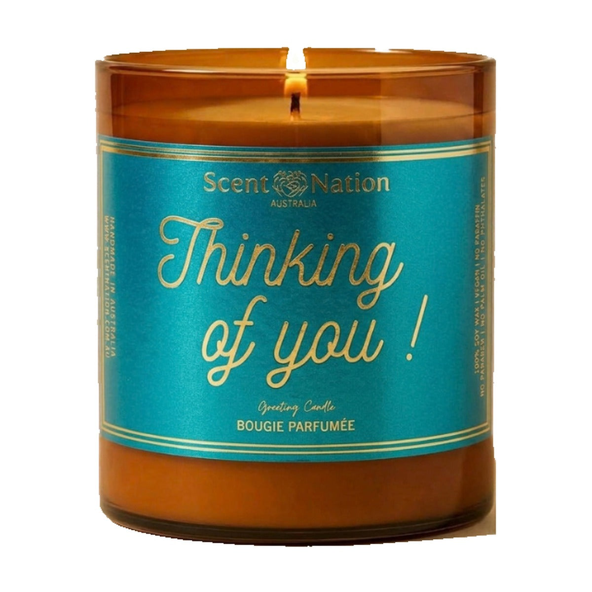 Thinking of you gift – Thinking of You greeting candle: lit Large 285 g amber soy candle with a teal label and gold-foil script, Scent Nation Australia