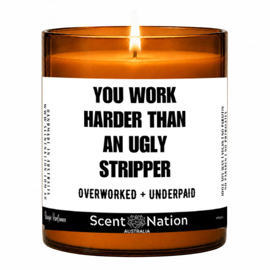 Funny coworker gift – lit Large 285 g amber soy candle: You work harder than an ugly stripper, overworked and underpaid, Scent Nation Australia
