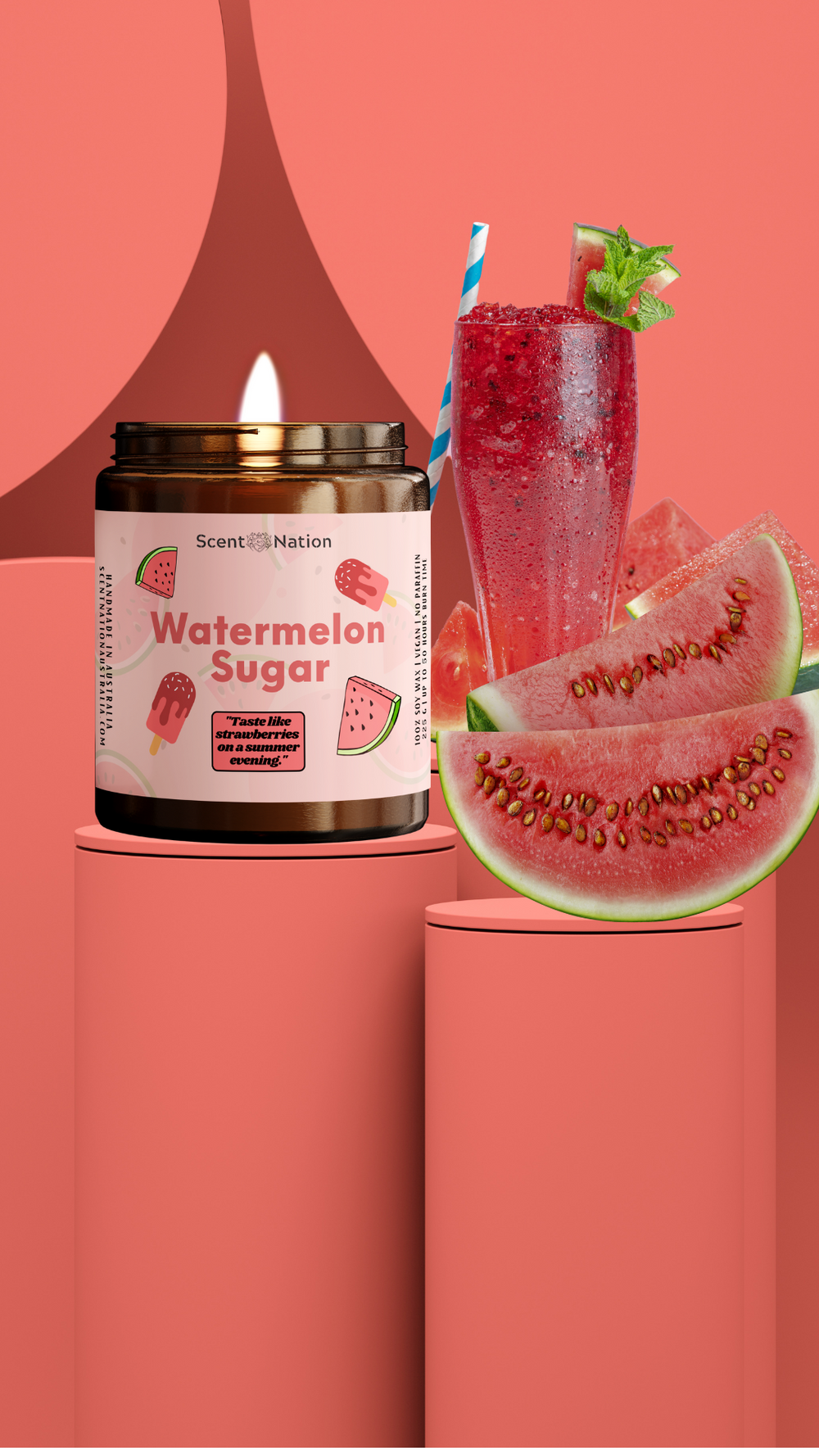 Scent Nation Australia Watermelom Sugar scented candle, 100% soy wax, non toxic, phthalate free, paraben free, Australian made home scents