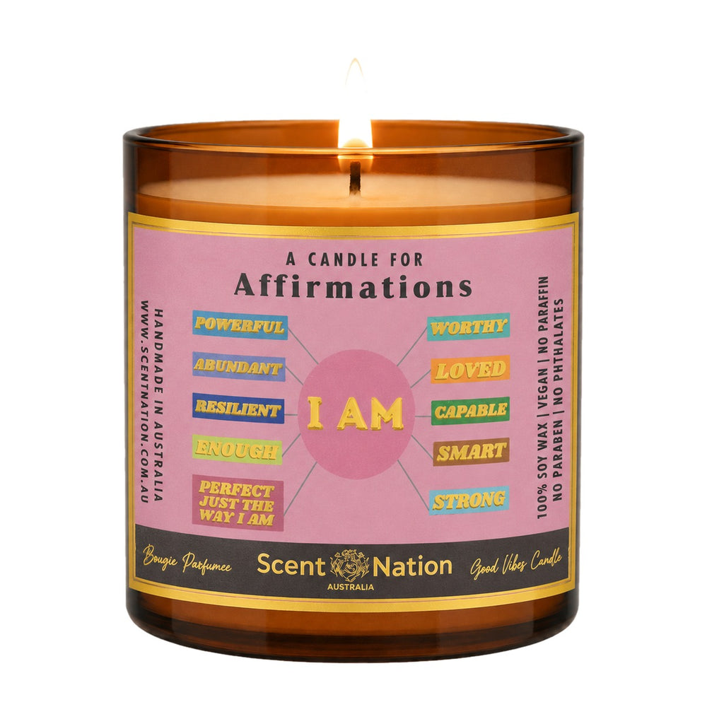 Affirmations candle: A Candle for Affirmations, Large 285g amber soy jar with a pink label of I Am words like worthy, loved and strong, Scent Nation Australia