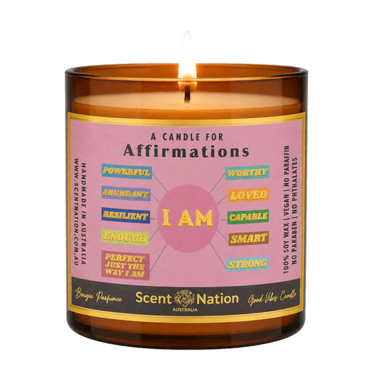 Affirmations candle: A Candle for Affirmations, Large 285g amber soy jar with a pink label of I Am words like worthy, loved and strong, Scent Nation Australia