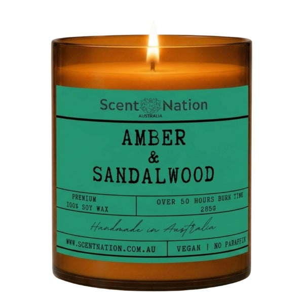 Amber candle: Amber & Sandalwood scented soy candle in a Large 285g amber jar with a teal label, over 50 hours burn time, Scent Nation Australia