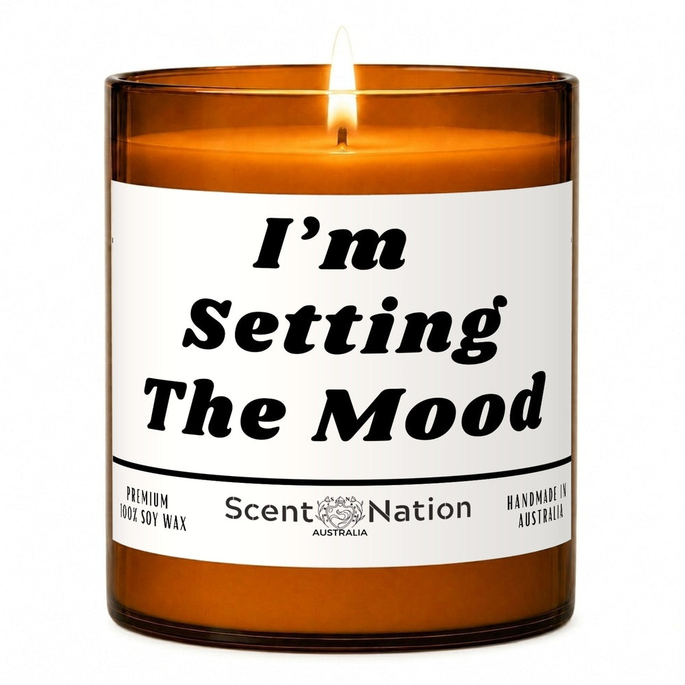 1st wedding anniversary gift: I'm Setting the Mood candle, Large 285g amber soy jar with a white label in bold black italic lettering, Scent Nation Australia