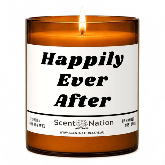 Anniversary gifts for her: Happily Ever After candle, Large 285g amber soy jar with a white label in bold black italic lettering, Scent Nation Australia
