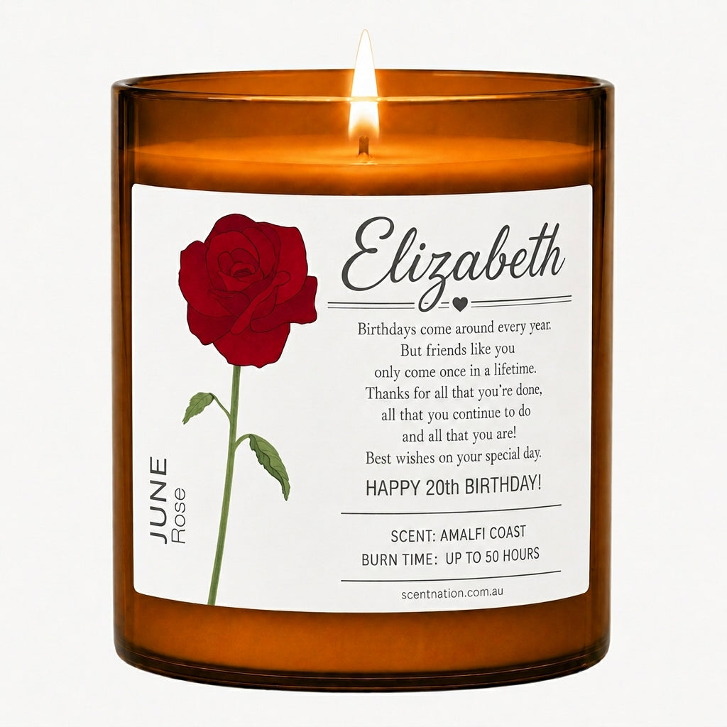 20th Birthday Birth Flower personalised candle — Happy 20th Birthday — Scent Nation Australia