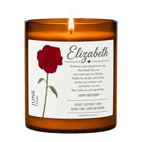Birthday gifts for her: personalised birth flower candle, Large 285g amber soy jar with a June rose, the name Elizabeth and a birthday verse, Scent Nation Australia