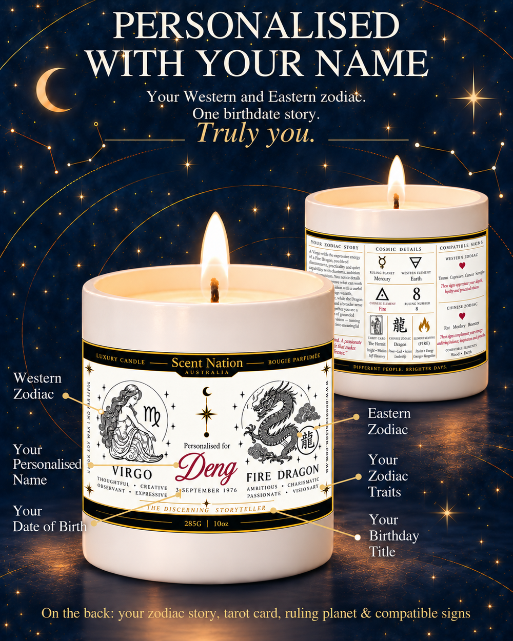Personalised zodiac birthday candle Australia – Birthdate Story candle front and back in cream jars: name, Western and Chinese zodiac on the front, zodiac story, tarot card and compatible signs on the back