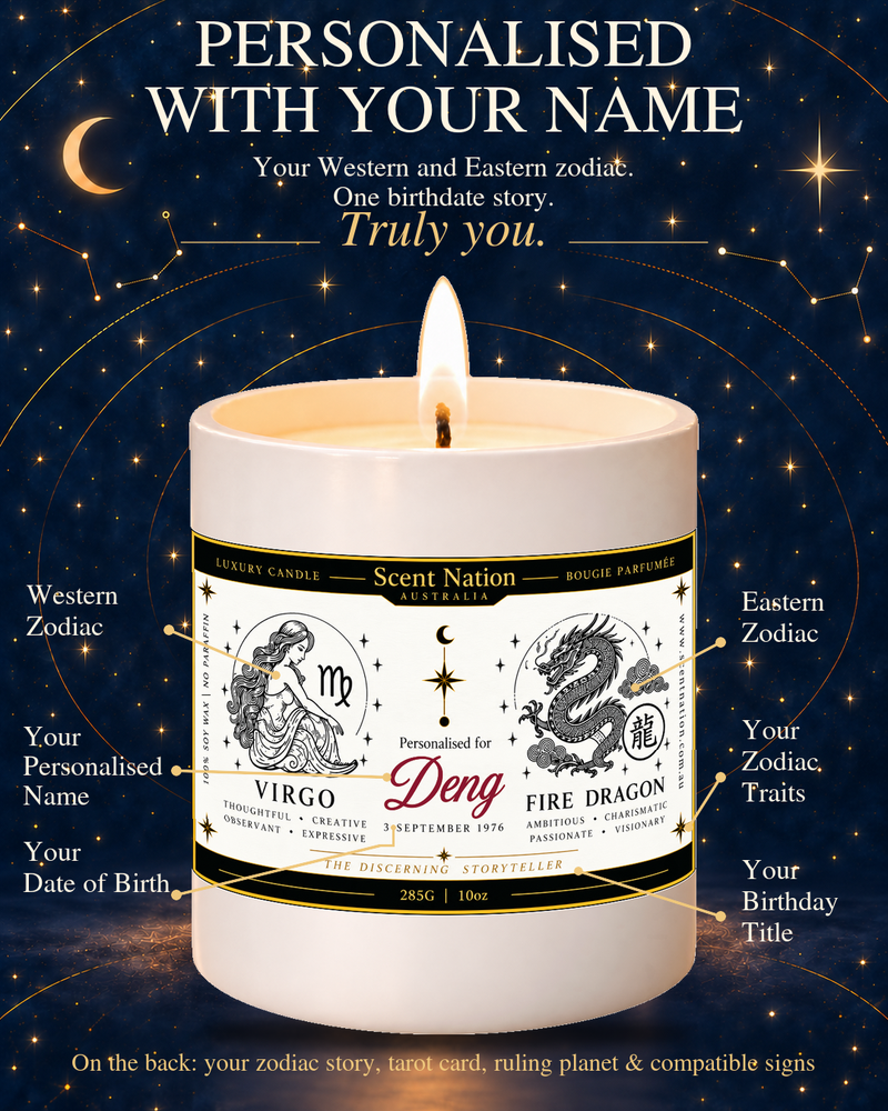 Personalised birthday candle with name – Birthdate Story front label: your name, date of birth, Western zodiac, Eastern zodiac, zodiac traits and birthday title on a lit cream jar