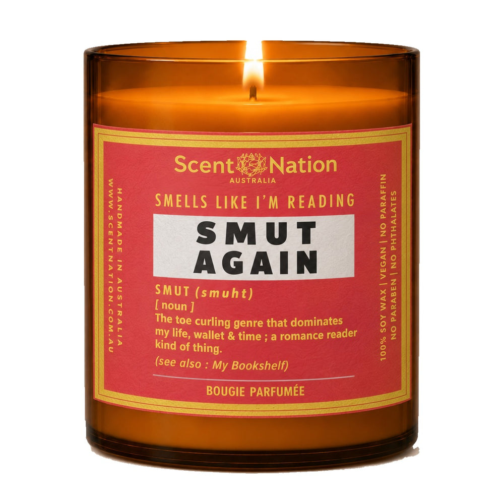 Book lover gifts: Smut Again candle, Large 285g amber soy jar with a red and gold label reading Smells Like I'm Reading Smut Again, Scent Nation Australia