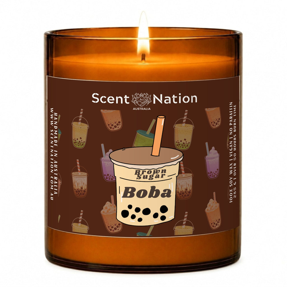 Boba scented candle: Brown Sugar Boba soy candle in a Large 285g amber jar with a chocolate-brown label and a bubble tea cup pattern, Scent Nation Australia