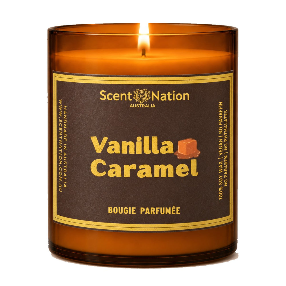 Caramel scented candles: Vanilla Caramel soy candle in a Large 285g amber jar with a chocolate-brown and gold label, Scent Nation Australia