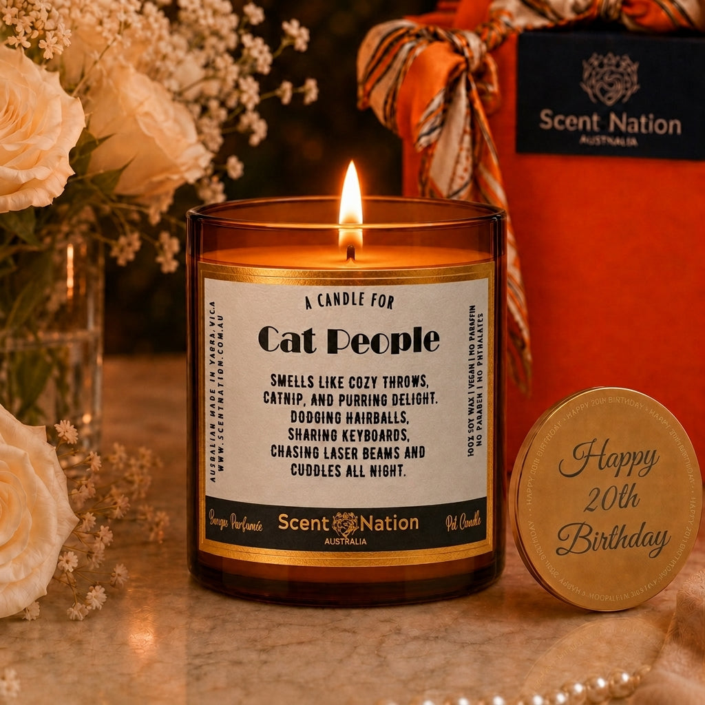 20th Birthday Cat Lover personalised candle with Happy 20th Birthday engraved lid — Scent Nation Australia