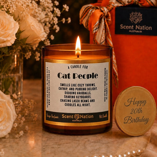 20th Birthday Cat Lover personalised candle with Happy 20th Birthday engraved lid — Scent Nation Australia