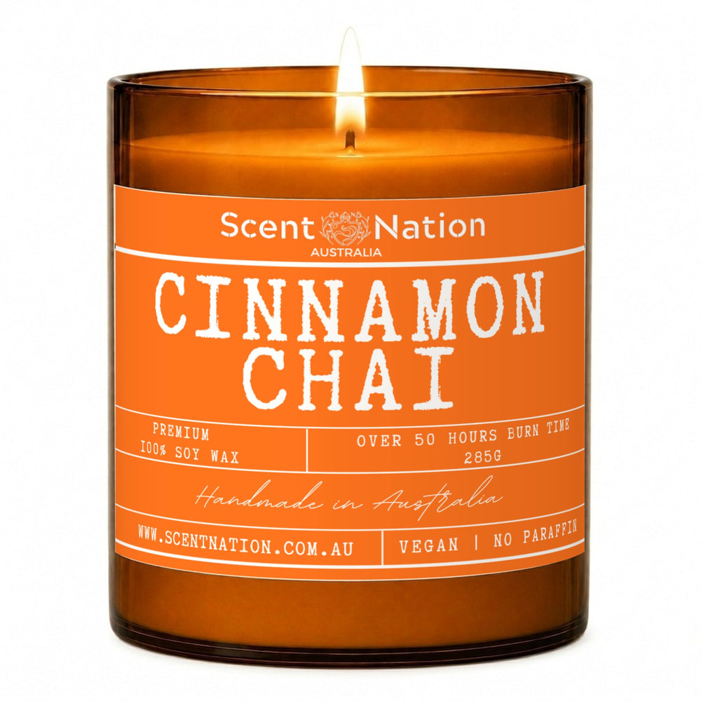 Cinnamon candles: Cinnamon Chai scented soy candle in a Large 285g amber jar with an orange label, over 50 hours burn time, Scent Nation Australia