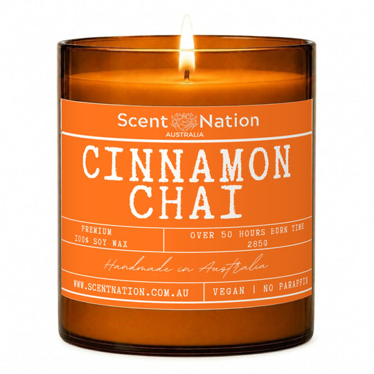 Cinnamon candles: Cinnamon Chai scented soy candle in a Large 285g amber jar with an orange label, over 50 hours burn time, Scent Nation Australia