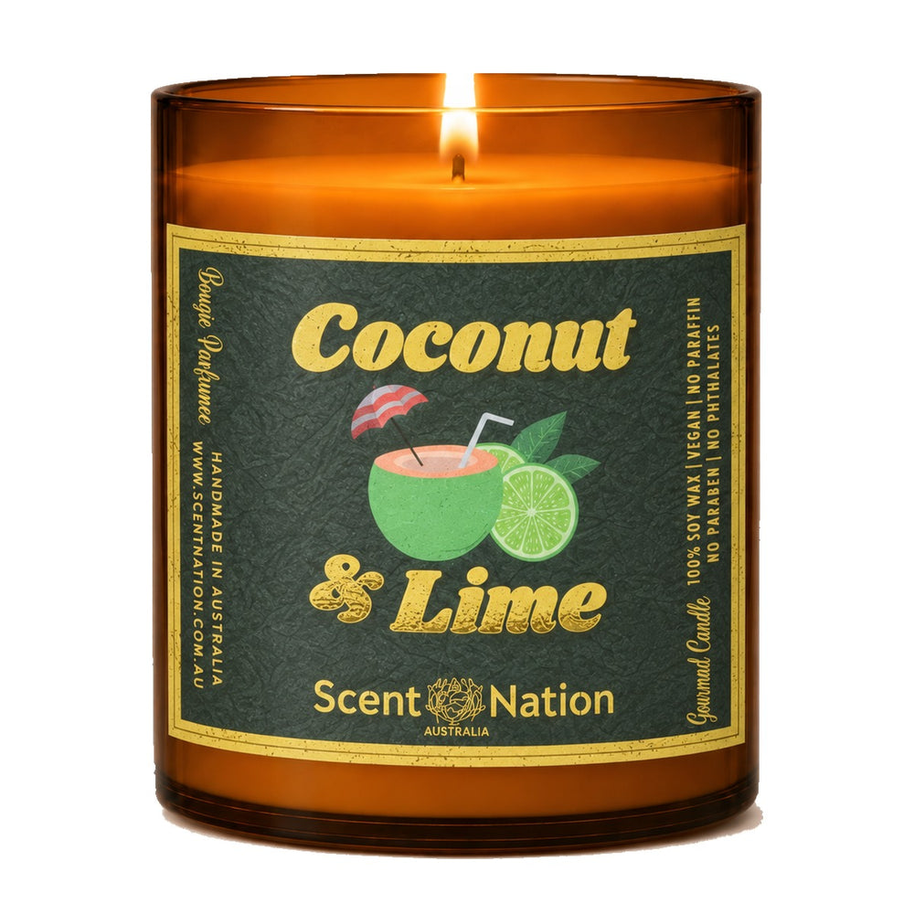 Coconut and lime candle: Coconut & Lime scented soy candle in a Large 285g amber jar, green and gold label with a coconut drink, Scent Nation Australia