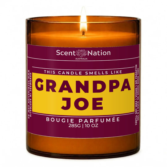 Custom candles: This Candle Smells Like Grandpa Joe personalised candle, Large 285g amber soy jar with a maroon label and a gold name panel, Scent Nation Australia
