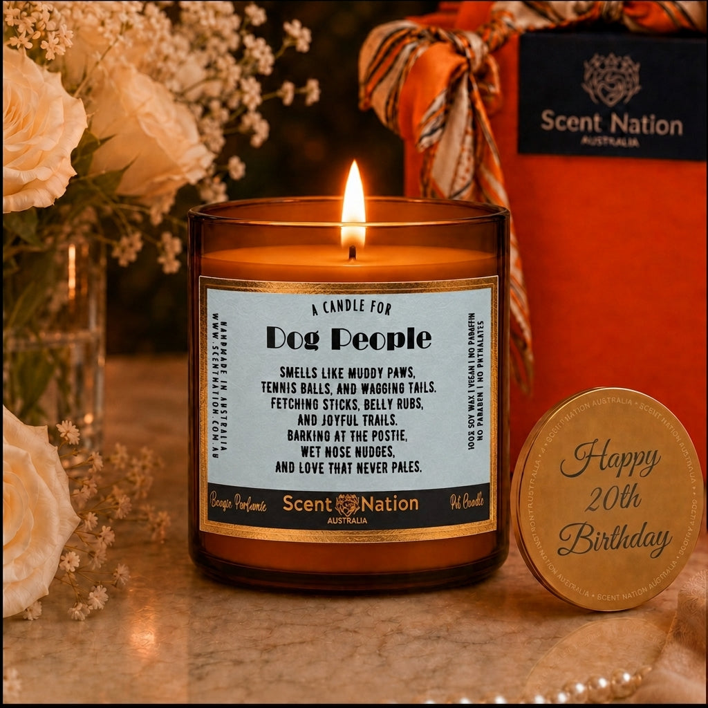 20th Birthday Dog Lover personalised candle with Happy 20th Birthday engraved lid — Scent Nation Australia