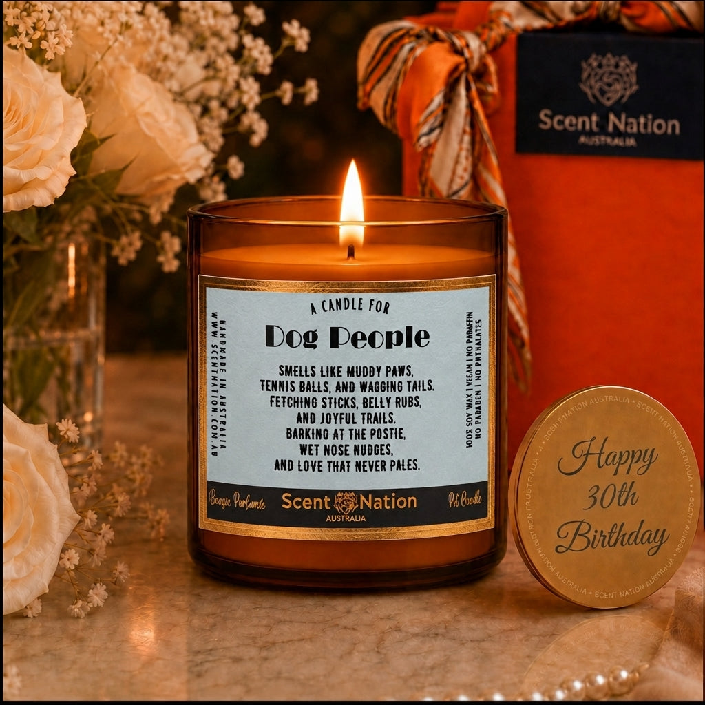 30th Birthday Gift for Dog Lovers | Personalised Dog People Candle with Happy 30th Birthday engraved lid | Scent Nation Australia