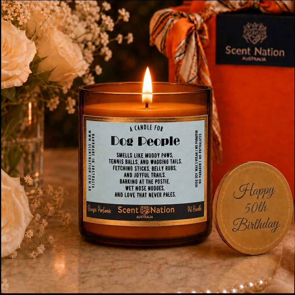 50th Birthday Dog Lover personalised candle with Happy 50th Birthday engraved lid — Scent Nation Australia