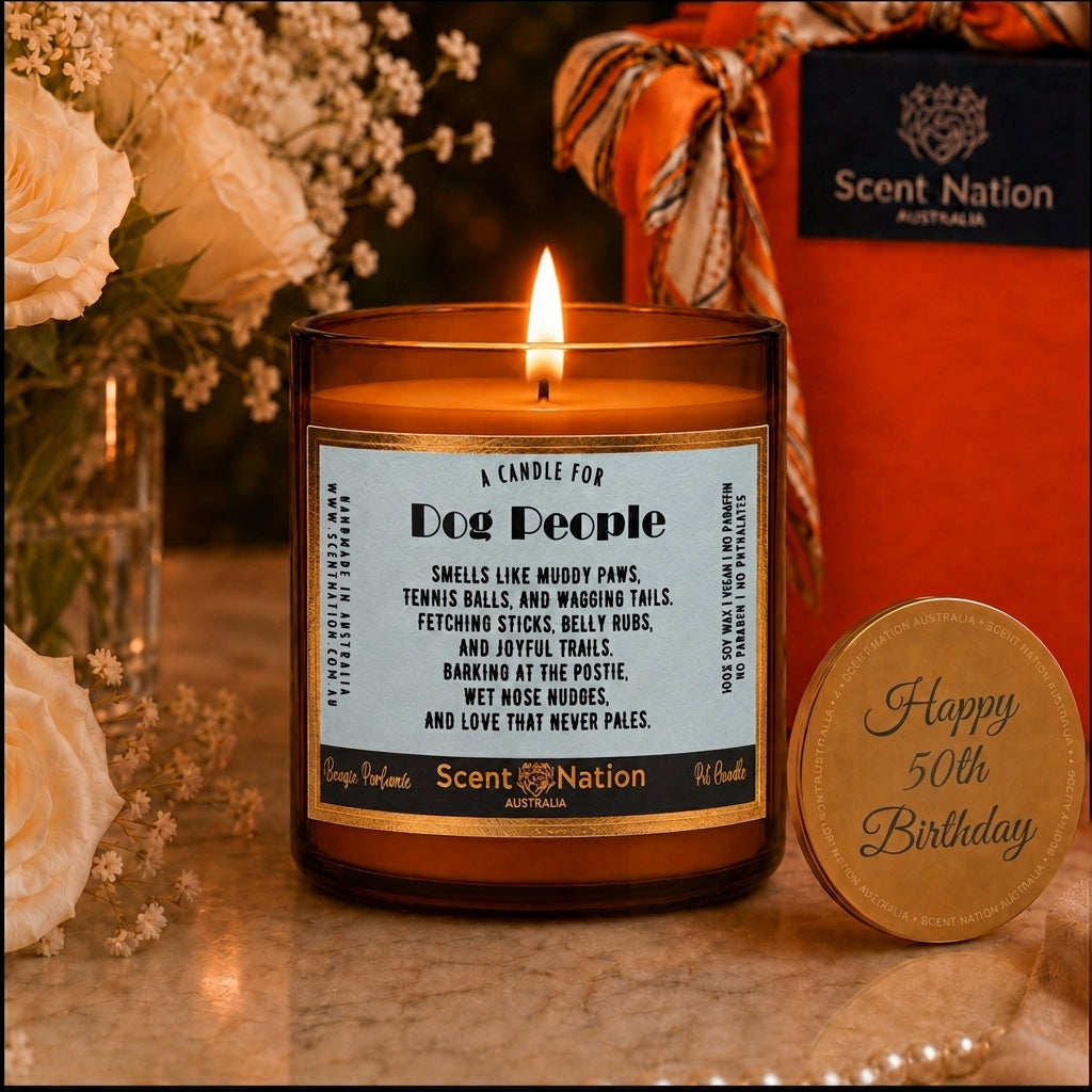 Personalised 50th Birthday Candle for Dog Lovers | Dog People Candle, Happy 50th Birthday engraved lid | Scent Nation Australia
