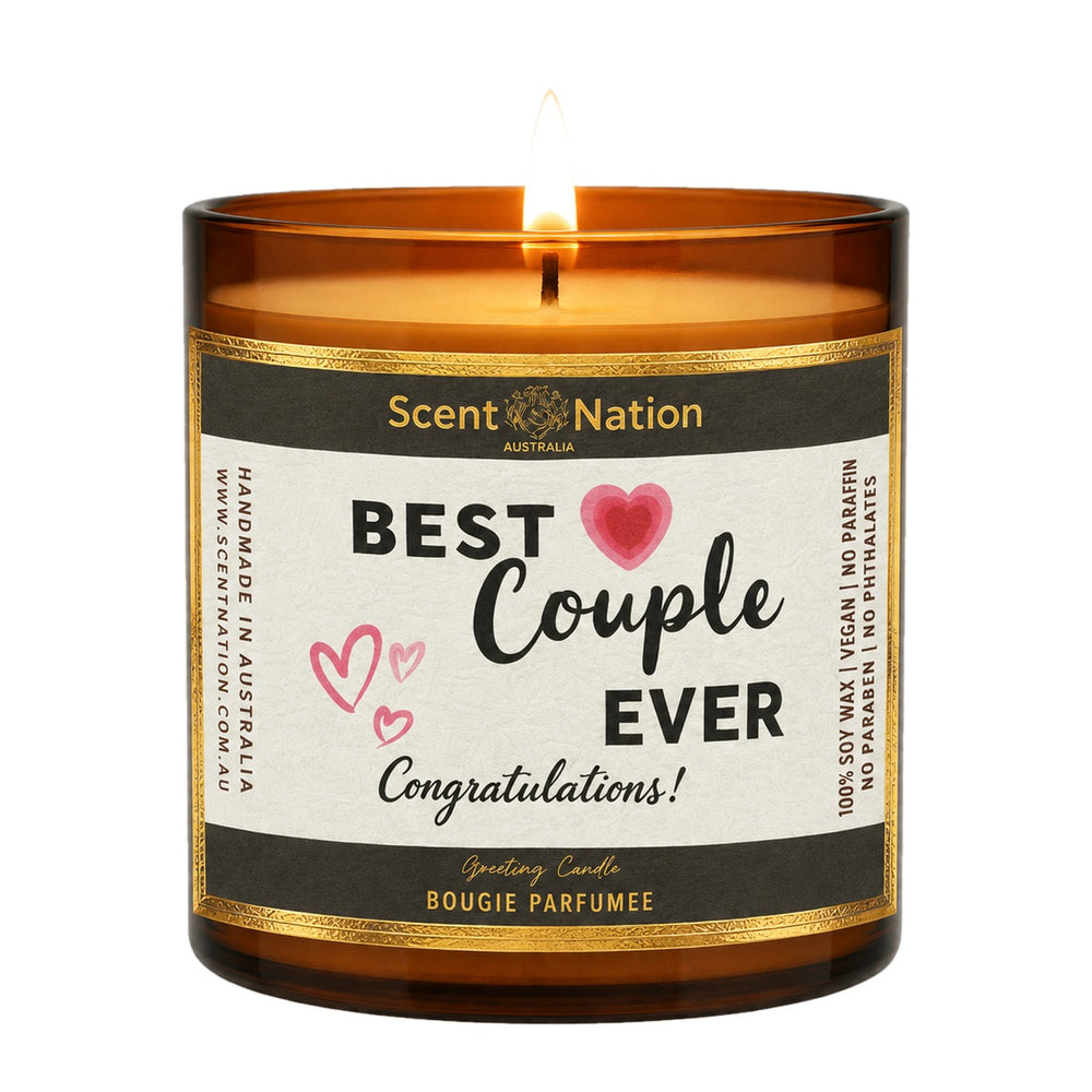 Engagement gifts: Best Couple Ever congratulations candle, Large 285g amber soy jar with a cream, black and gold label and pink hearts, Scent Nation Australia