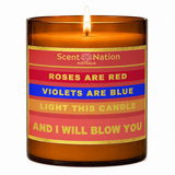 Rude gifts Australia – Roses Are Red, Violets Are Blue, a Scent Nation hand-poured soy candle in an amber jar with its printed label, Australia