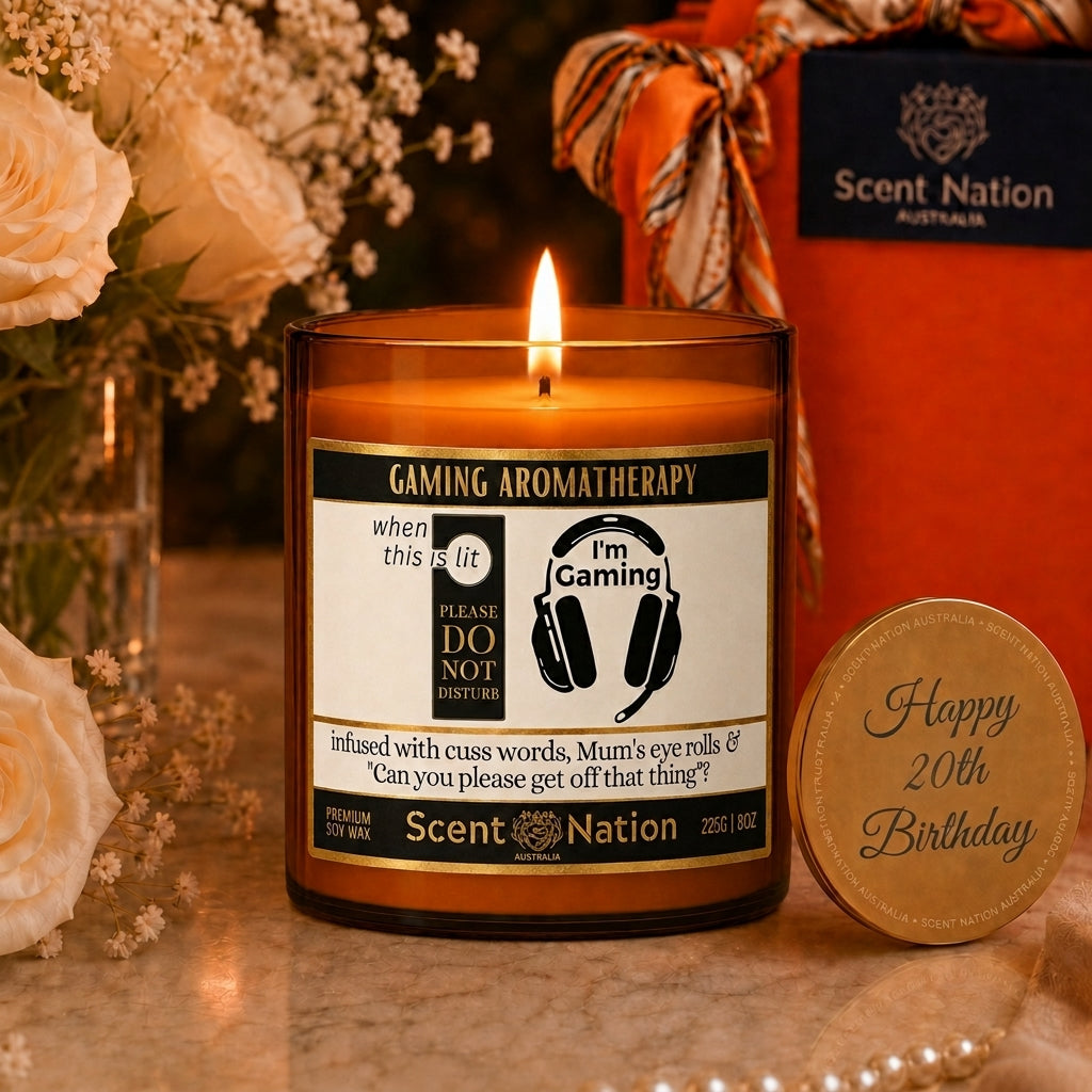 20th Birthday Gamer personalised candle with Happy 20th Birthday engraved lid — Scent Nation Australia