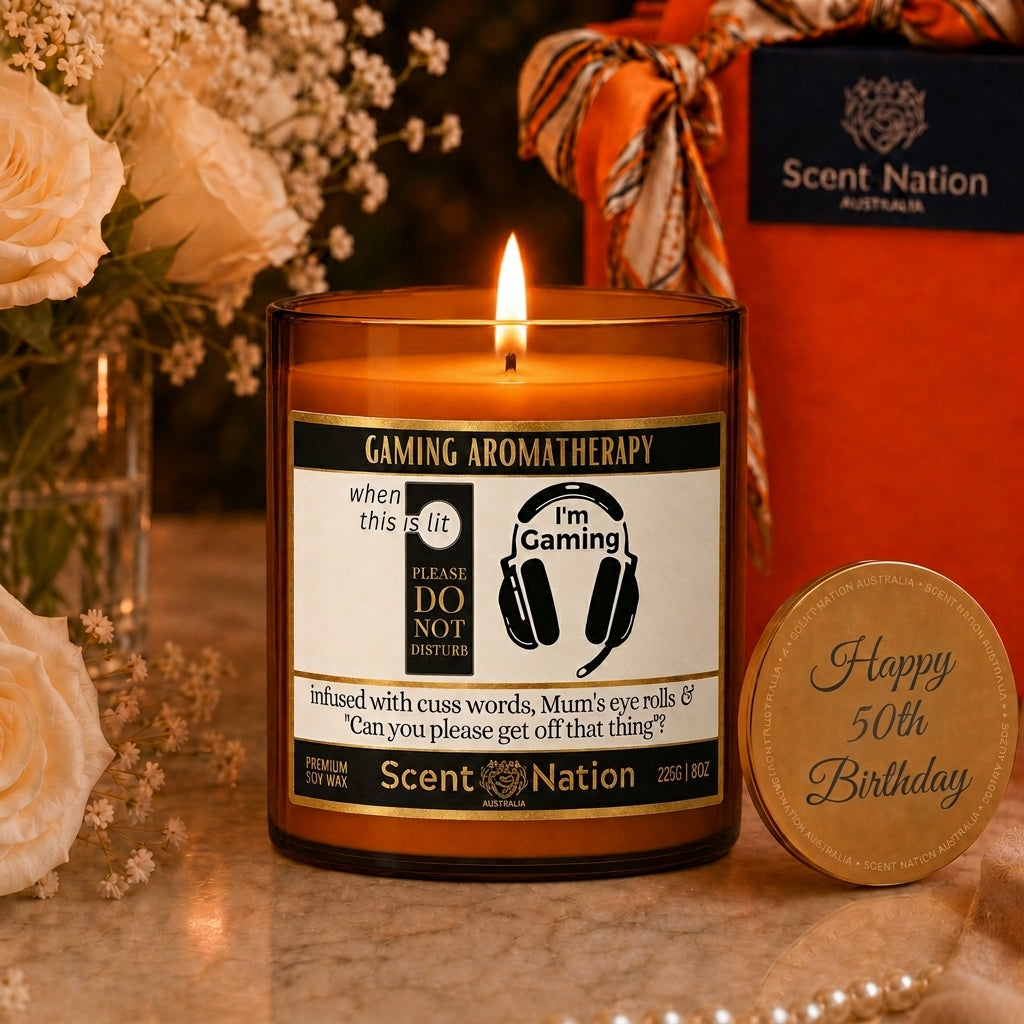 50th Birthday Gamer personalised candle with Happy 50th Birthday engraved lid — Scent Nation Australia