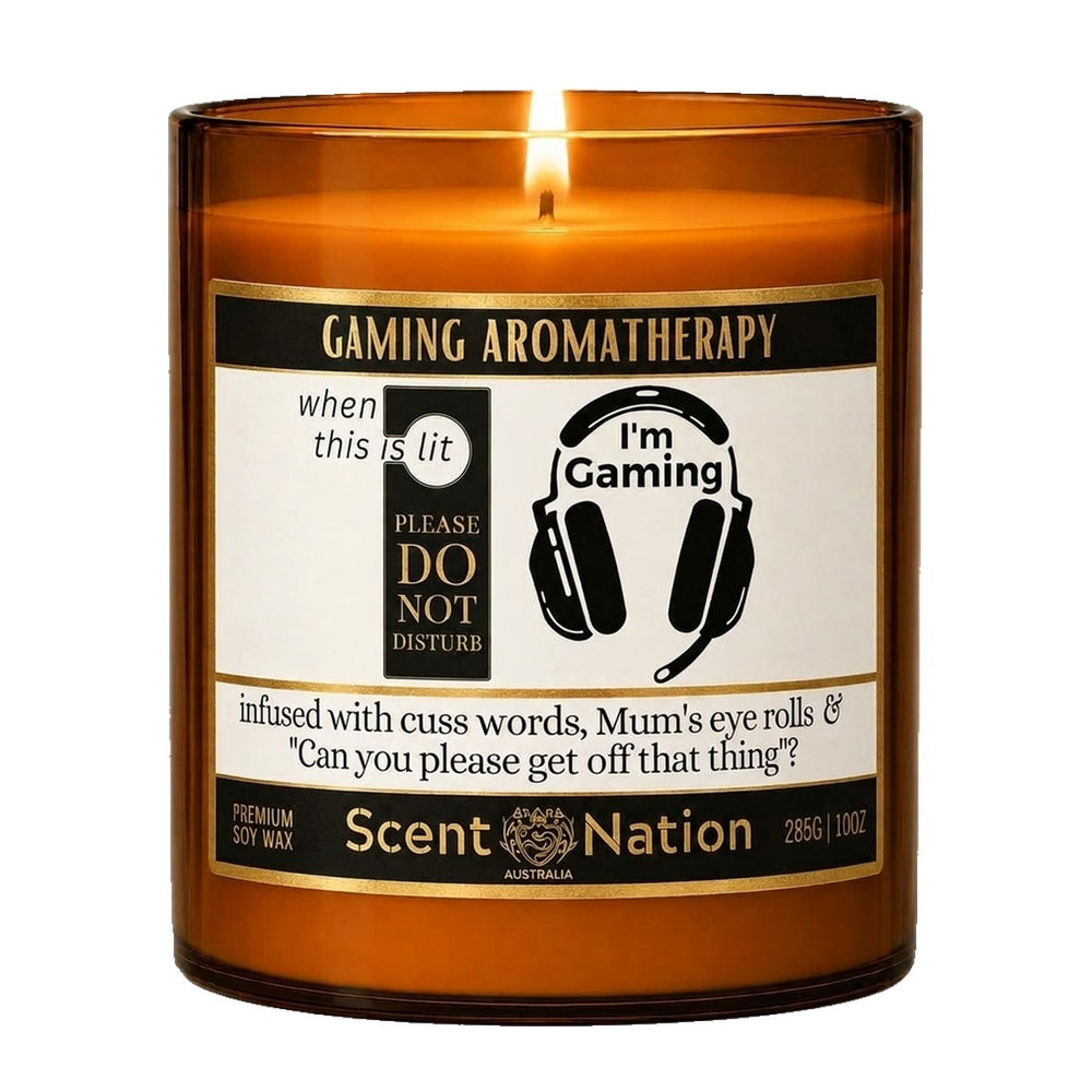 Gifts for gamers: Gaming Aromatherapy candle, Large 285g amber soy jar with a black and gold label, Do Not Disturb door hanger and I'm Gaming headphones, Scent Nation Australia
