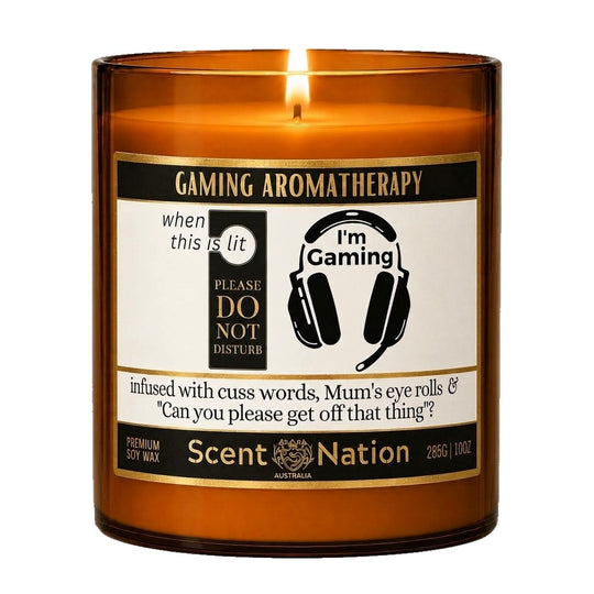 Gifts for gamers: Gaming Aromatherapy candle, Large 285g amber soy jar with a black and gold label, Do Not Disturb door hanger and I'm Gaming headphones, Scent Nation Australia