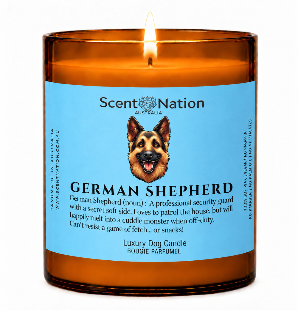 German Shepherd gifts: German Shepherd dog candle, Large 285g amber soy jar with a blue label, a cartoon German Shepherd and a funny dog-noun definition, Scent Nation Australia