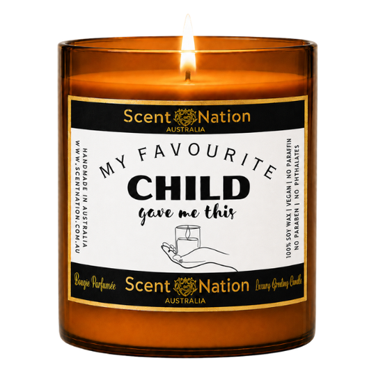 Gifts for mum: My Favourite Child Gave Me This candle, Large 285g amber soy candle with a black and gold label and a hand holding a candle, Scent Nation Australia