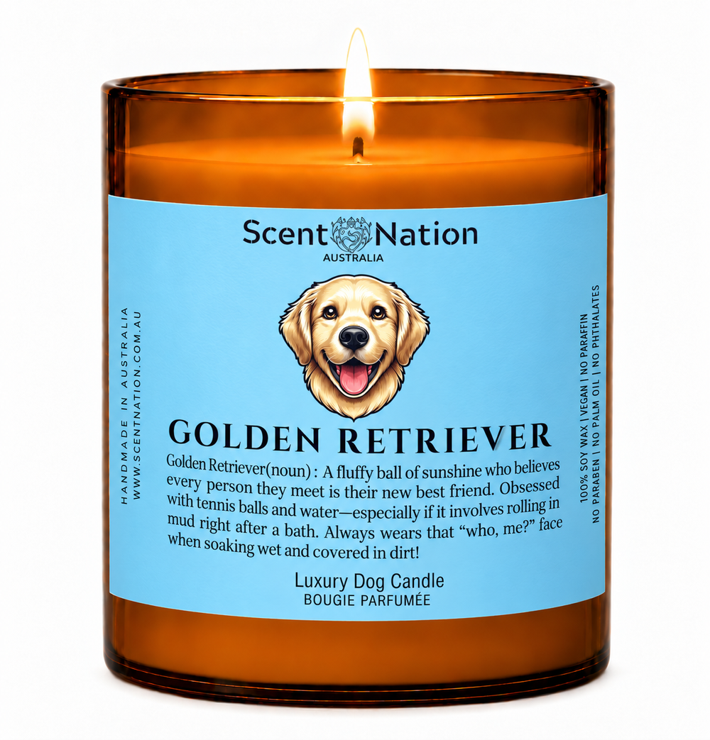 Golden Retriever gifts: Golden Retriever dog candle, Large 285g amber soy jar with a blue label, a cartoon Golden Retriever and a funny dog-noun definition, Scent Nation Australia