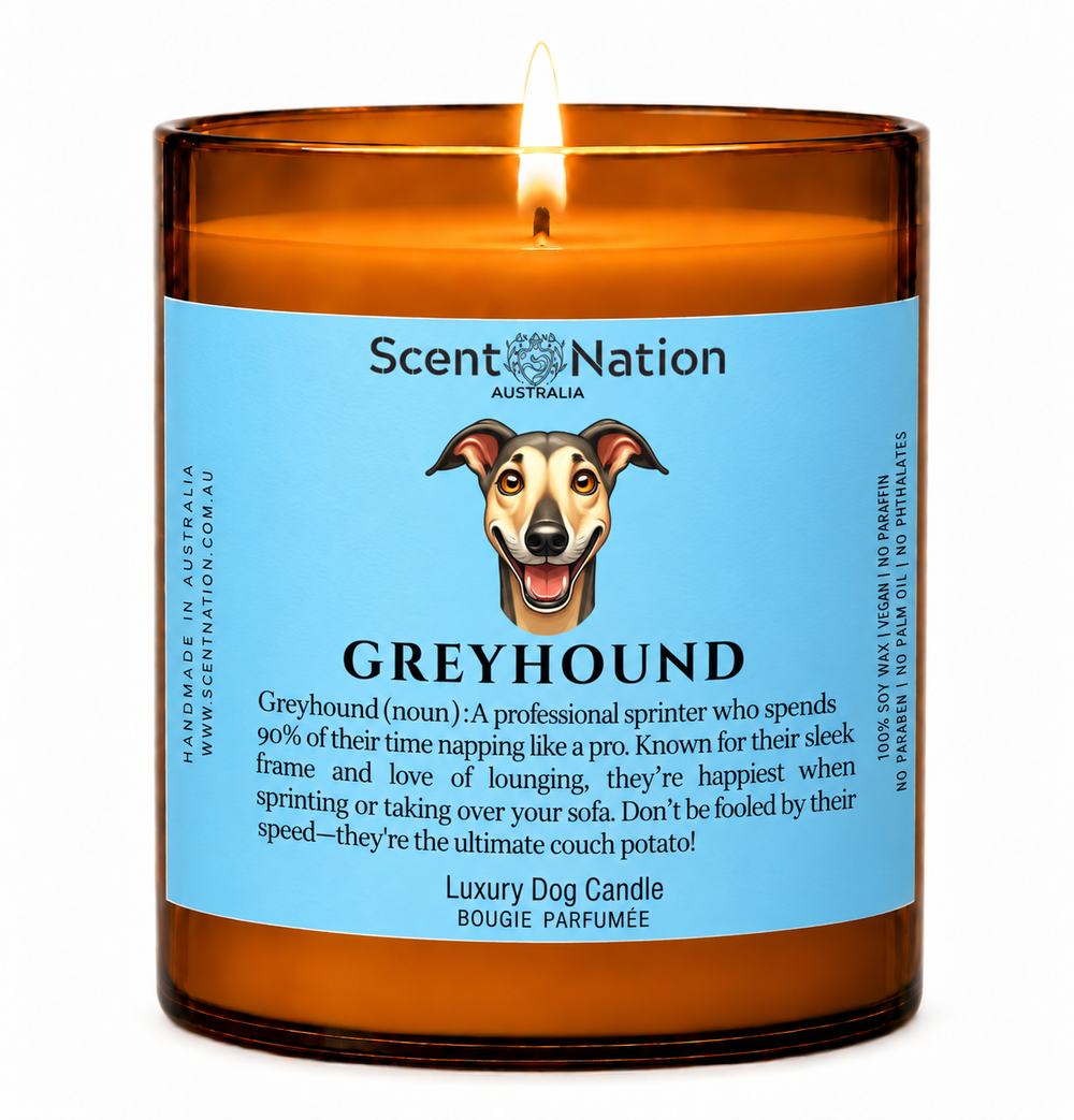 Greyhound gifts: Greyhound dog candle, Large 285g amber soy jar with a blue label, a cartoon Greyhound and a funny dog-noun definition, Scent Nation Australia