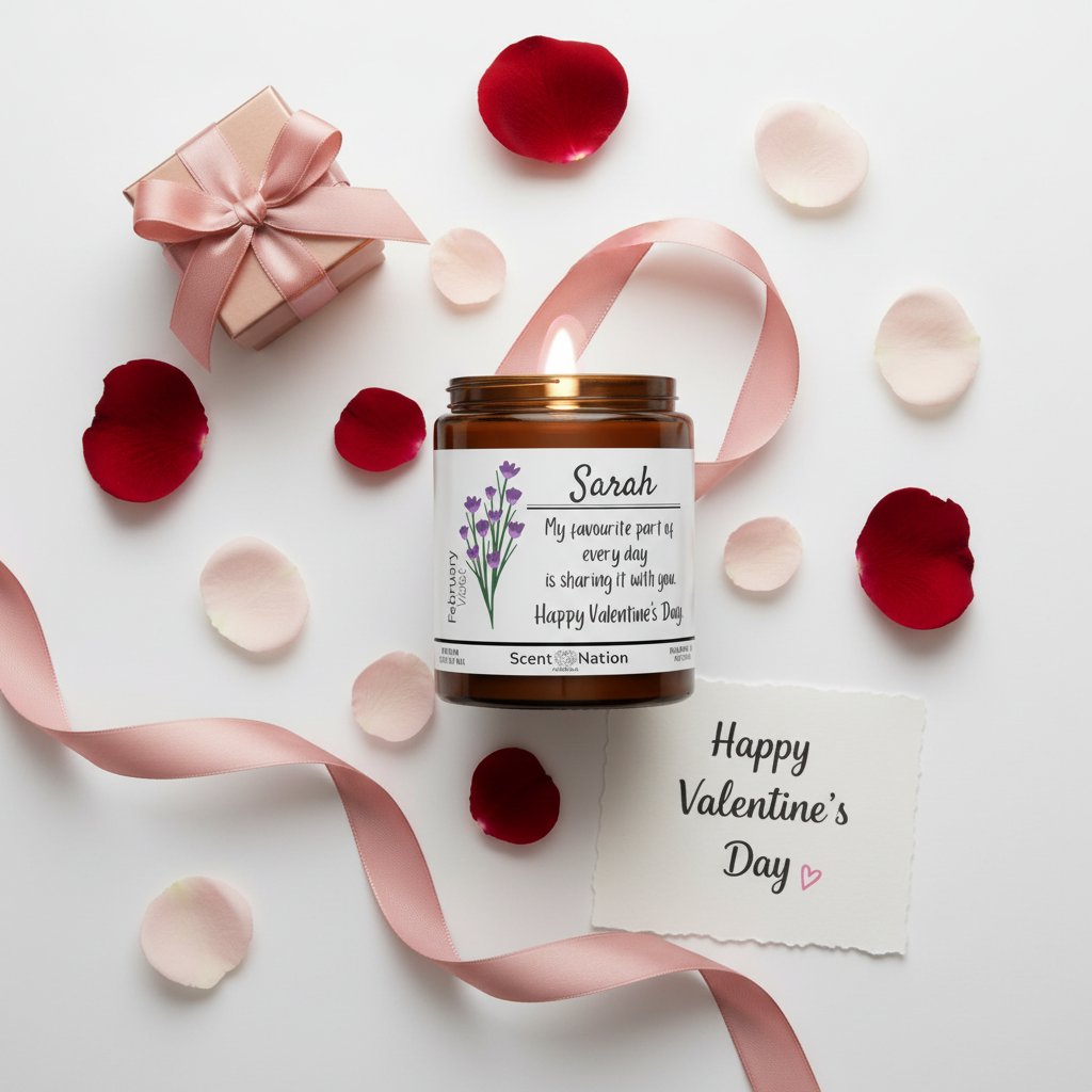 Flat lay of personalised Valentine's Day candle with roses and gift styling Australia by Scent nation