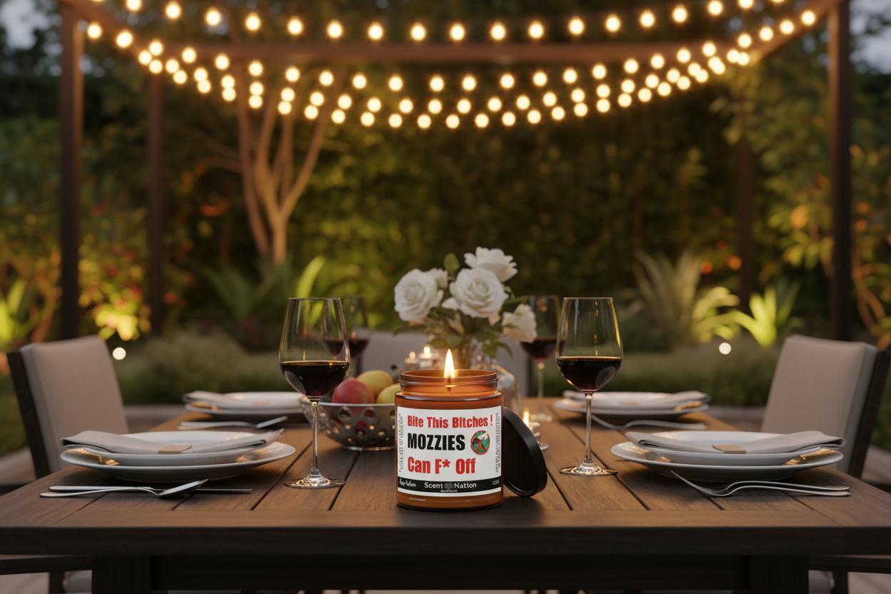 Mosquito repellent candle on outdoor patio dining table