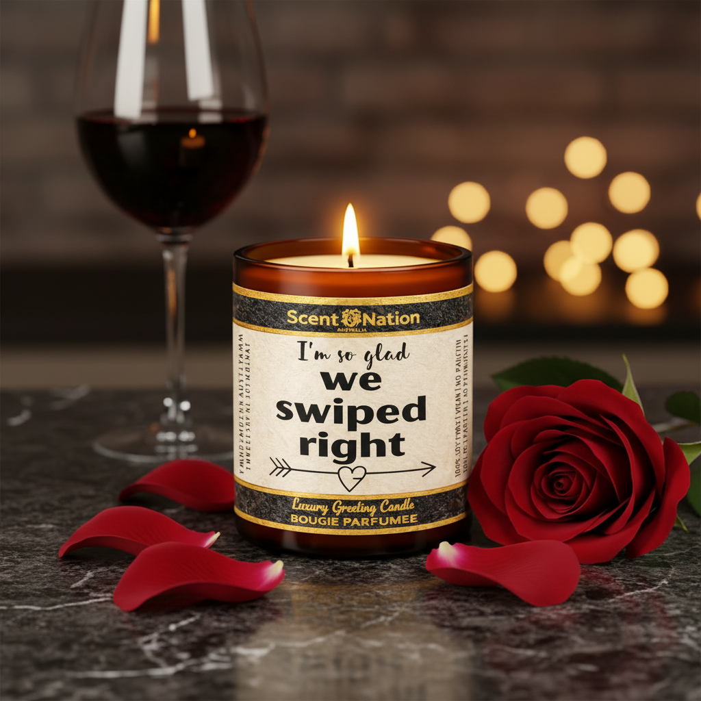 Scent Nation engagement scented candle for couples, non toxic soy candle Australia, I'm so glad we swiped right relationship milestone gift