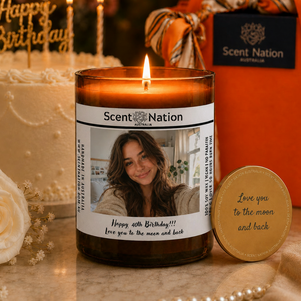Personalised 40th birthday gift for her – luxury photo candle with gift box, custom soy wax candle Australia, unique 40th birthday gift idea for women