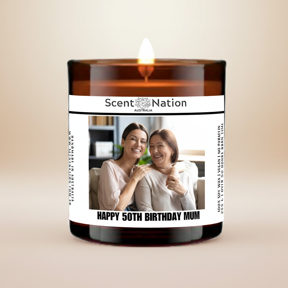 50th Birthday Gift - Personalised Candle for Mum with elegant background