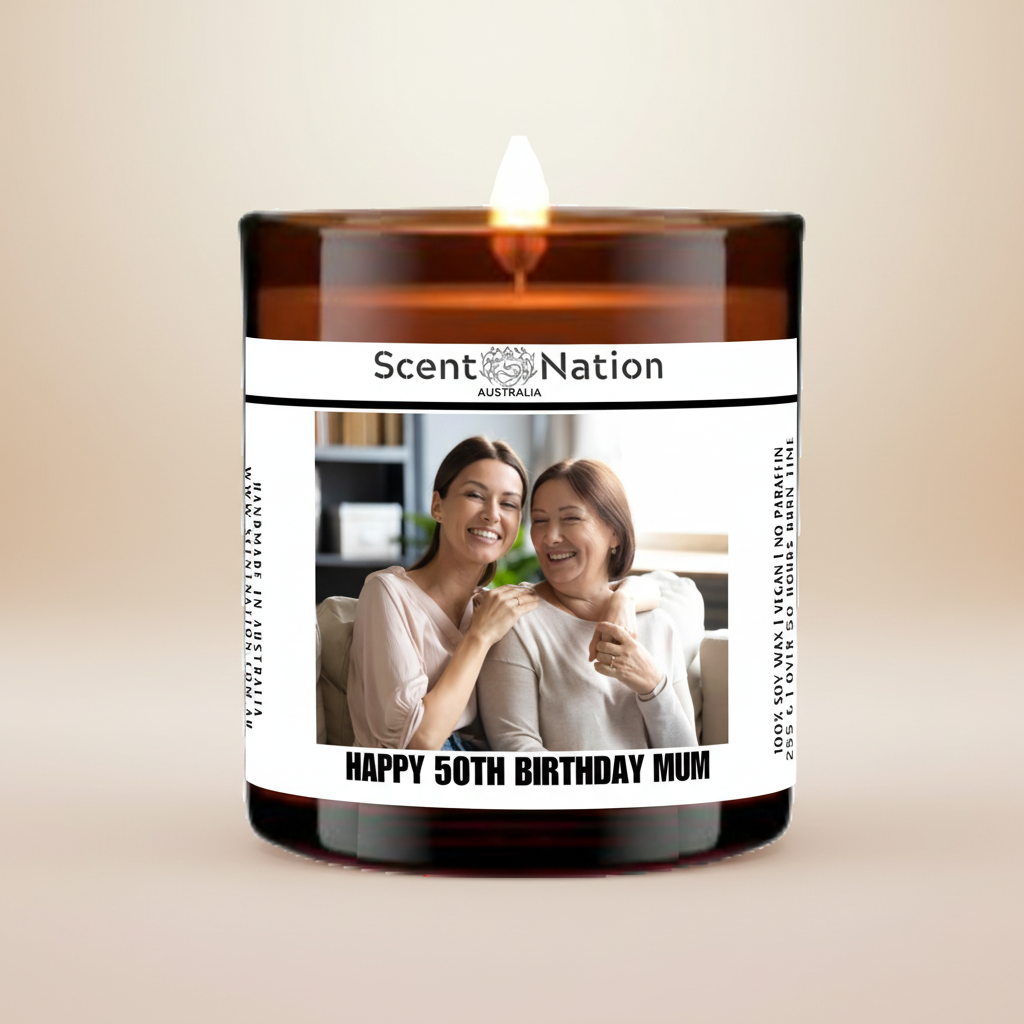 50th Birthday Gift - Personalised Candle for Mum with elegant background