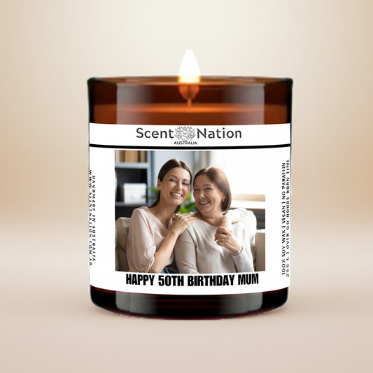 50th Birthday Gift - Personalised Candle for Mum with elegant background