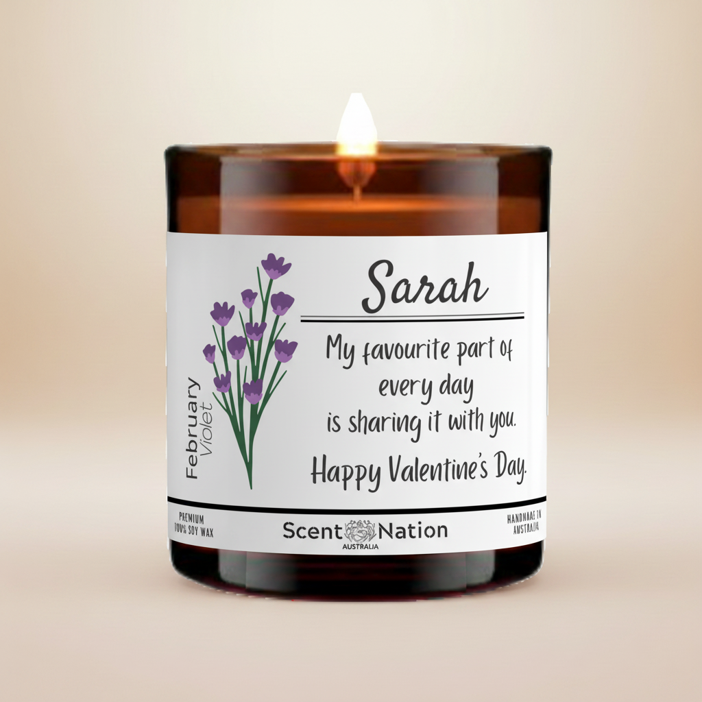 Valentine's Day personalised candle large amber jar Australia - custom name soy wax gift for her pet safe | Scent Nation