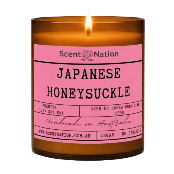 Japanese honeysuckle candle: Japanese Honeysuckle scented soy candle in a Large 285g amber jar with a pink label, Scent Nation Australia