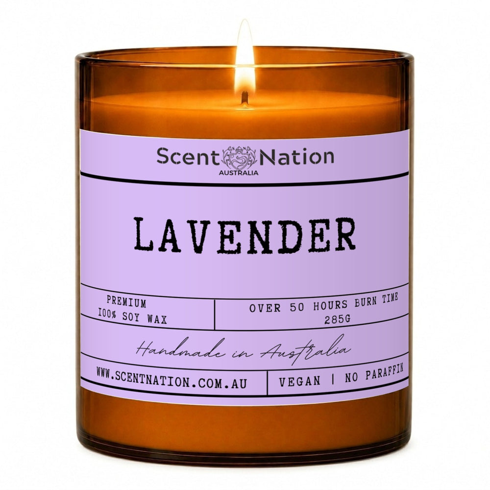 Lavender candle: Lavender scented soy candle in a Large 285g amber jar with a lilac label, over 50 hours burn time, Scent Nation Australia