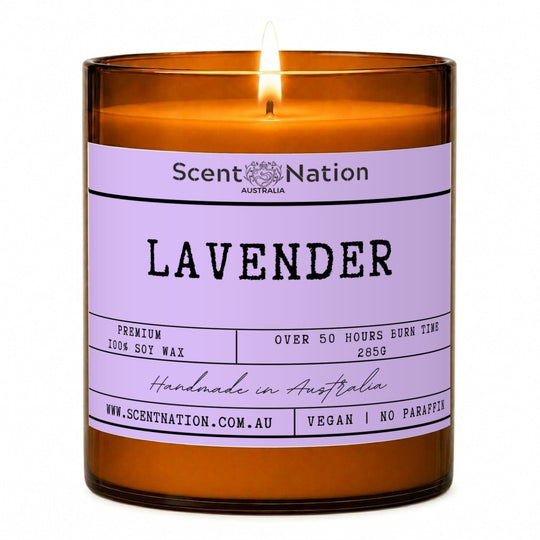 Lavender candle: Lavender scented soy candle in a Large 285g amber jar with a lilac label, over 50 hours burn time, Scent Nation Australia